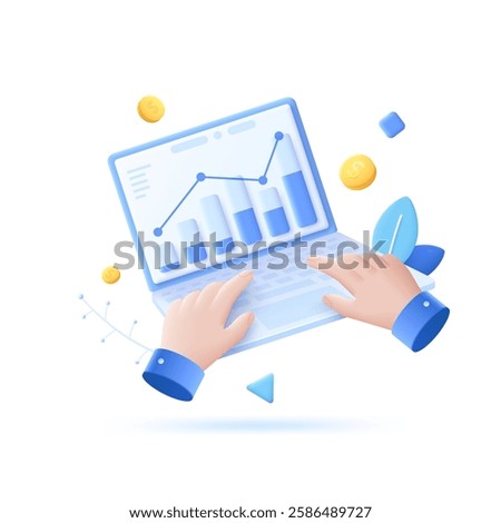 3D cartoon vector illustration of hands typing on a laptop with charts on the screen. Falling coins in the background symbolize successful marketing, business growth, and financial management.