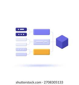 3d cartoon vector illustration, icon showing data flow from server racks through processes to a data cube. Business metaphor for information processing.