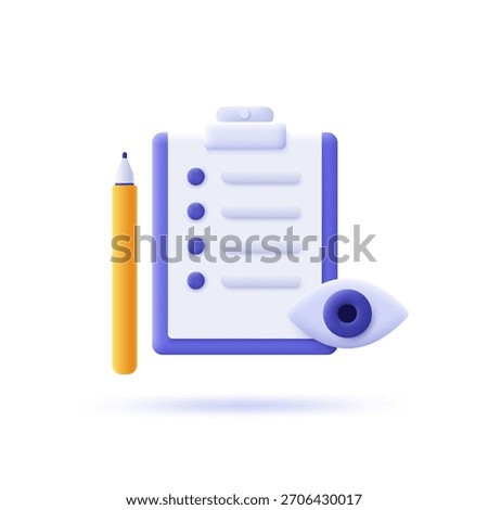 3D cartoon vector illustration with Icon with a clipboard, pencil, and eye depicting a checklist or survey. Visually representing tasks, quality control, or data monitoring.