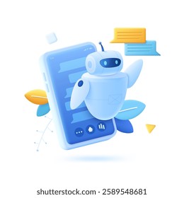 3D cartoon vector illustration of a robot or chatbot interacting on a smartphone screen, assisting with problem-solving.This scene represents AI customer support, automation, and digital communication