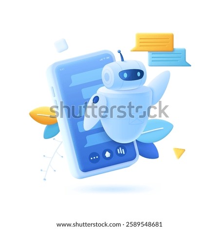 3D cartoon vector illustration of a robot or chatbot interacting on a smartphone screen, assisting with problem-solving.This scene represents AI customer support, automation, and digital communication