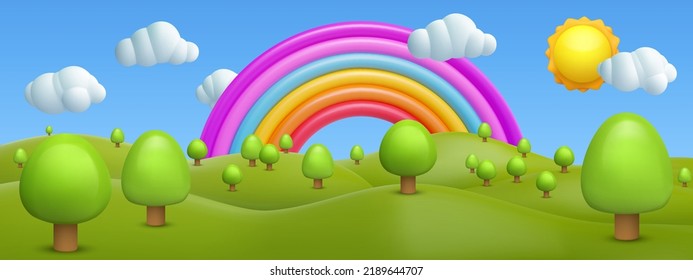 3d cartoon vector landscape composition with green hills, trees, rainbow, sun, white clouds. Modern stylised children concept background. Sweet nature environment panorama. Glossy kids toy elements.