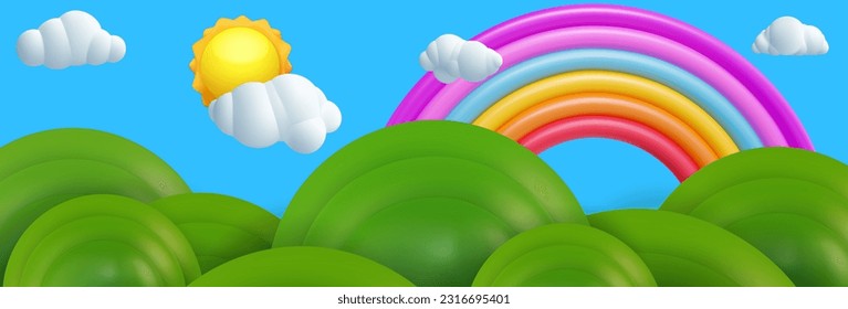 3d cartoon vector landscape composition with green hills, rainbow, sun, white clouds. Modern stylised children concept background. Sweet nature environment panorama. Glossy kids toy elements.