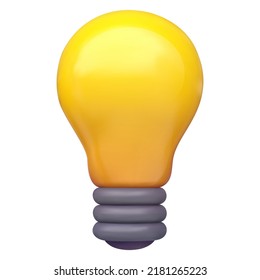 3d cartoon vector light bulb in minimal realistic plastic style. Funny creative design element for game, business, branding. Modern illustration isolated on white background.