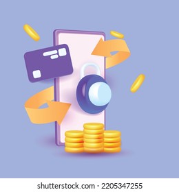 3D cartoon vector protection icon with credit card  password key financial security   payment colorful Online transaction wallet Internet blank