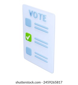 3D cartoon voting ballot with check boxes and tick isolated on white background. Design element for election campaign. Democratic process of voting in an election. Vector illustration of 3d render.