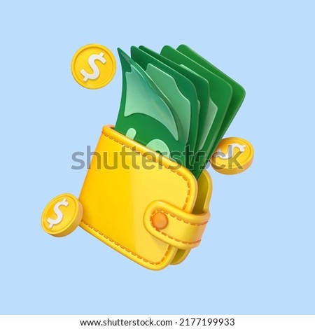 3D cartoon wallet with dollar banknotes and coins. Cash in purse. Money saving concept. Business financial investment. Online payment and cashback. Vector 3d illustration
