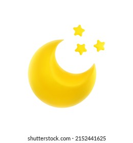 3D Cartoon Weather Icon of Clear Night. Crescent Moon and Stars Isolated on White Background. Vector Illustration of 3d Render.