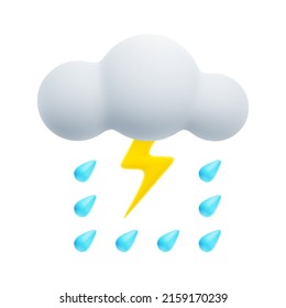 3D Cartoon Weather Icon of Downpour and Thunderstorm. Sign of Cloud, Raindrops and Lightning Isolated on White Background. Vector Illustration of 3d Render.