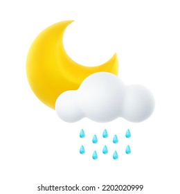3D Cartoon Weather Icon of Night Rainfall. Sign of Cloud, Crescent Moon and Raindrops Isolated on White Background. Vector Illustration of 3d Render.