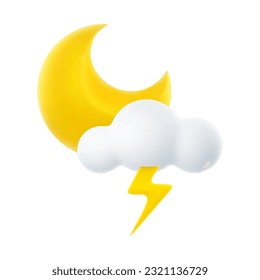 3D Cartoon Weather Icon of Night Thunderstorm. Sign of Cloud, Crescent Moon, and Lightning Isolated on White Background. Vector Illustration of 3d Render.