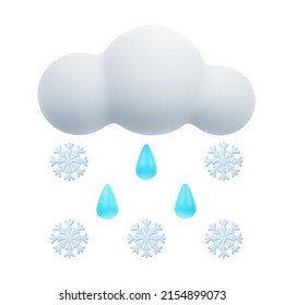 3D Cartoon Weather Icon of Sleet. Sign of Cloud and Rain with Snow Isolated on White Background. Vector Illustration of 3d Render.