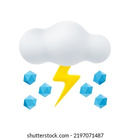3D Cartoon Weather Icon of Thunderstorm with Hail. Sign of Cloud, Hailstones and Lightning Isolated on White Background. Vector Illustration of 3d Render.