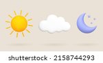 3d cartoon weather icons set. Sun, moon, stars, clouds. Vector illustration.
