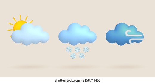 3d Cartoon Weather Icons Set. Sun, Cloud, Wind, Snowflake. Vector Illustration.