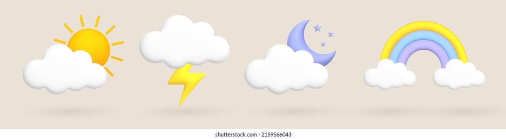 3d cartoon weather icons set. Sun, moon, stars; lightning; clouds, rainbow. Vector illustration.