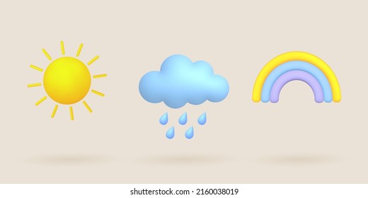 3d Cartoon Weather Icons Set. Sun, Rainbow, Cloud, Rain. Vector Illustration.