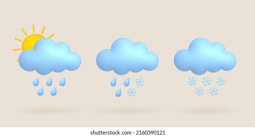 3d cartoon weather icons set. Sun, cloud, rain, snow. Vector illustration.