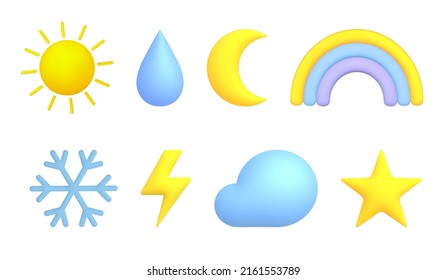 3d cartoon weather icons set. Sun, moon, star, rainbow, cloud, lightning, raindrop, snowflake. Vector illustration.