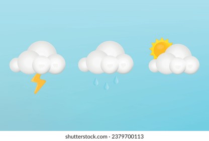 3d cartoon weather icons set. Sun, moon, cloud, rain, lightning, thunderstorm. Vector illustration.