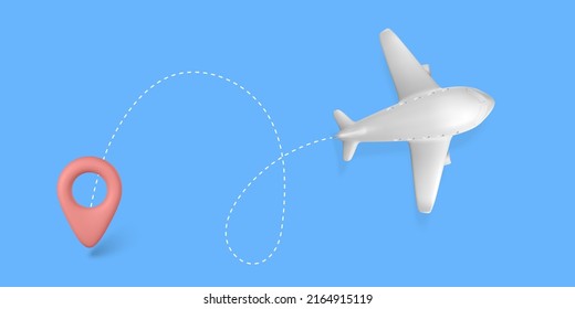 3D cartoon white plane with aircraft path. Realistic Jet Airplane on blue background. Summer travel. Vector illustration.