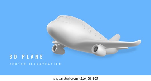 Plano blanco de dibujos animados 3D. Avión Jet realista con fondo azul. Ilustración vectorial.