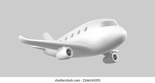 Plano blanco de dibujos animados 3D. Avión Jet realista sobre fondo gris claro. Ilustración vectorial.