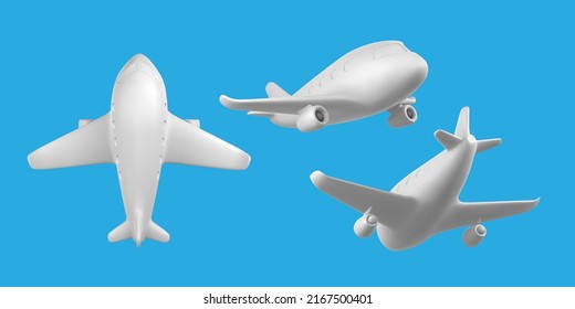 Plano blanco de dibujos animados 3D. Avión Jet realista con fondo azul. Ilustración vectorial.