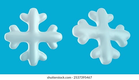 Copo de nieve blanco de dibujos animados 3D con varias vistas en estilo de Vector realista. Conjunto de Elementos lindos estacionales modernos aislados sobre fondo azul.