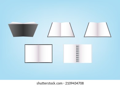 3D cartoon wide open blank book, diary, and notebook set collection mockup template in different position angle. Vector illustration
