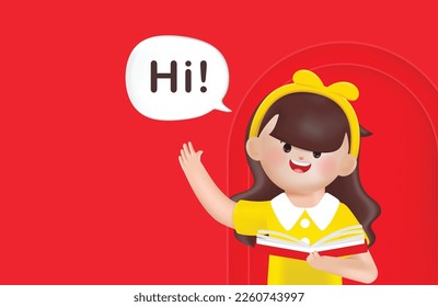 3d cartoon woman character greeting with hands up. 3d vector cartoon people design. Reading a book at the library.