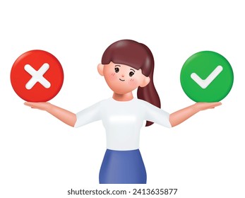 3d cartoon woman character standing confusedly to choose yes or no. Concept of choice, selection, answer, reply, accept of refuse. Doubts, worries. 3d vector illustration.