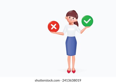 3d cartoon woman character standing confusedly to choose yes or no. Concept of choice, selection, answer, reply, accept of refuse. Doubts, worries. 3d vector illustration.