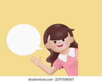 3d cartoon woman peeking out from behind wall and hands up to greeting. 3d render cartoon vector design.