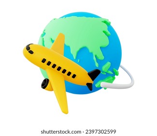 3D Cartoon Yellow and Black Aircraft and Globe with Trace Isolated on White Background. Travel around World by Plane Concept. Vector Illustration of 3D Render.