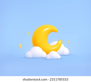3d cartoon yellow crescent in clouds and stars on blue background. Moon icon. Concept sleep time, night, dream. Vector childish illustration
