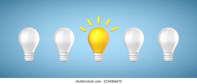3D cartoon yellow light bulb as a symbol of an idea. Thinking, good idea and business success creative concept. Vector 3d illustration