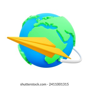 3D Cartoon Yellow Paper Airplane Flies around the Globe with White Flight Trail. World Travel Concept. Design Element for Advertising of Flights on Airplane or Communications. Vector Illustration.