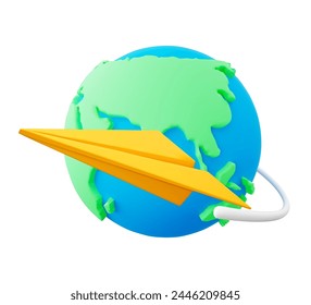 3D cartoon yellow paper airplane flying around the globe. Paper airplane left white trail from its flight. Design element for concepts of ingenuity, exploration, communication. Vector illustration.