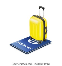 3D Cartoon Yellow Suitcase Placed on Passport. Concept for Advertising of Tourism Travel and Adventures. Immigration, Moving or Business Trip by Plane, Train or Ship. Vector Illustration of 3D Render.