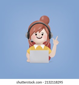 3d cartoon young woman in call center or customer service using a laptop character illustration vector design.