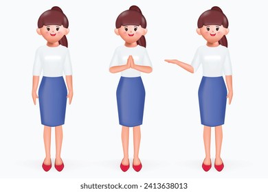 3d cartoon young woman character standing pose set with namaste greeting, hands up and stand up. 3d vector illustration.