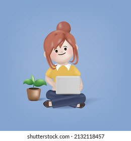 3d cartoon young woman sitting and using a laptop character illustration vector design.