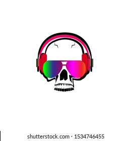 3D Cartoons skull icon with neon sunglasses and pink headphones listening to music 