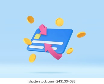 3d Cash back credit card with Arrow icon and coins. Credit or debit card refund money, online payment, Money-saving, money transfer, coins. 3d rendering. Vector illustration