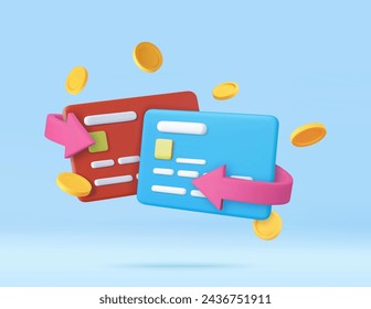 3d Cash back credit card with Arrow icon and coins. Credit or debit card refund money, online payment, Money-saving, money transfer, coins. 3d rendering. Vector illustration