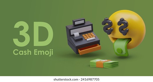 3D cash emoji. Vector emoticon looking shocked at stack of green bills. Mouth full of money. Realistic cash register. Concept of big profit, successful business. Banner with place for text