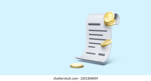 3D cash receipt in cartoon style icon. Paper bill with gold coin. Business design element for banners and posters. Vector illustration