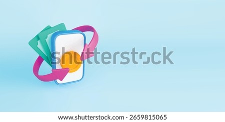 3d cashback arrow transaction concept banner. Realistic mobile phone with banknote, gold coin and pink arrows around. Online banking flyer, payment service sign. Vector illustration on blue background