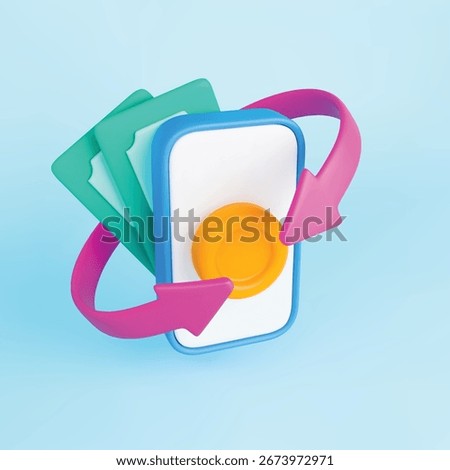 3d cashback arrow transaction concept. Realistic mobile phone with banknote, gold coin and pink arrows around. Online banking icon, payment or loan service sign. Vector illustration on blue background